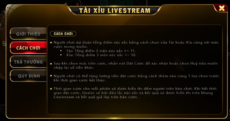Tài Xỉu Live Tại Gem88 Trải Nghiệm Cá Cược Đỉnh Cao Nhất Hiện Nay